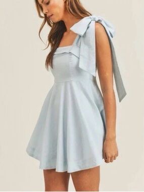 Mable Bow A line Dress Medium Tie Ribbon Strap Linen  Light Blue Sleeveless